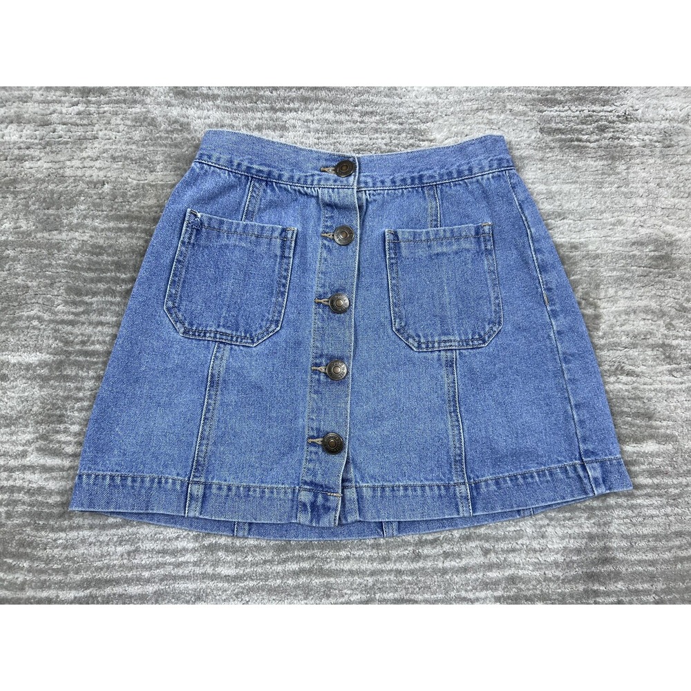 Forever 21 Denim Skirt Womens 24 Blue Button Front A-Line Mini High Rise Pockets